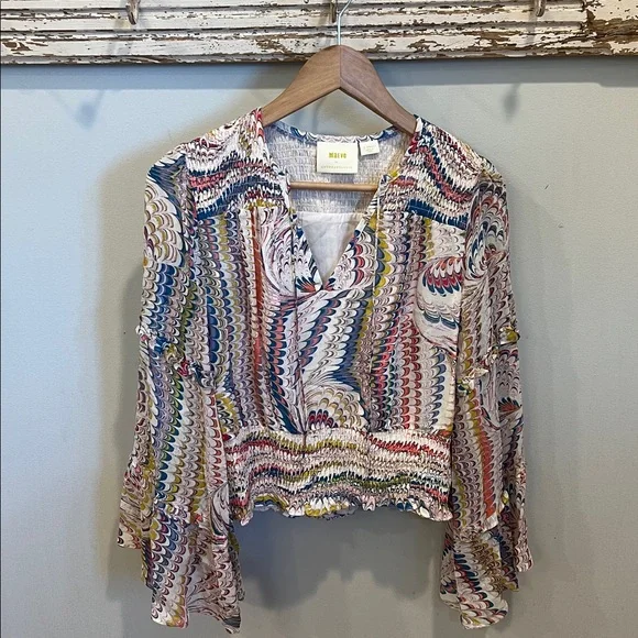 Anthropologie Maeve Jessa Peasant Blouse Smocked Bell‎ Sleeve Boho Flare Size XS - Picture 4 of 11